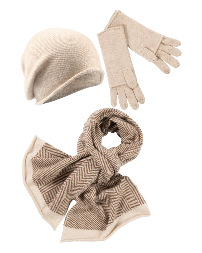 designer hut Kaschmir-Beanie, Handschuh + Schal mit Fischgr&#228;t-Muster - Beige meliert